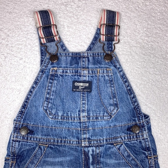 Oshkosh 12m denim blue jean overalls red white blue canvas straps - Picture 2 of 8
